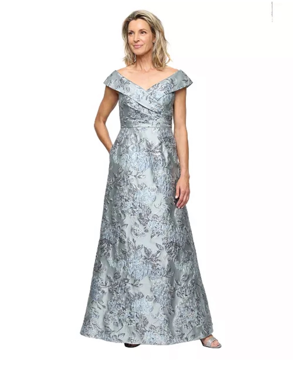 Alex Evenings Silver Floral One-Shoulder Evening Gown